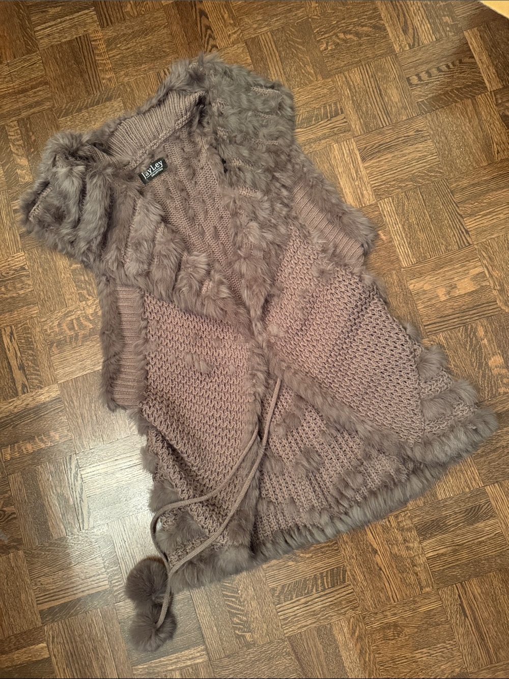 Genuine Fur trim Knit Vest Taupe Size Small